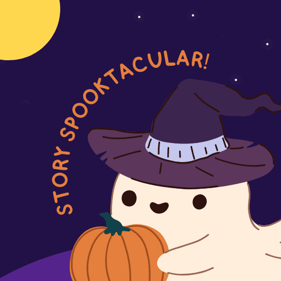 Ghost and pumpkin illustration. Text - 