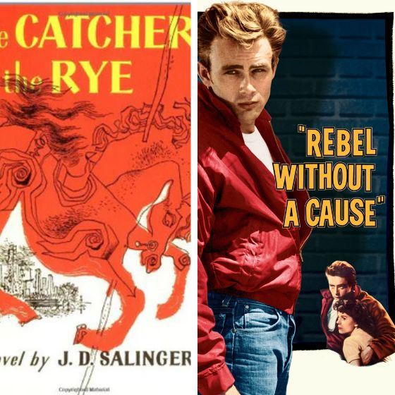 Book cover of Catcher and The Rye by J.D. Salinger next to the movie poster of Devil Without a Cause