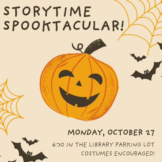 Text: event title and date. Image: jack-o-lantern, spiderwebs, bats